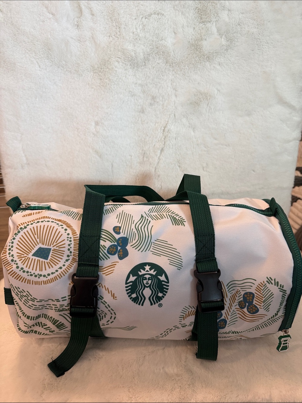 Starbucks White Bag with Green Straps and Gold Accents
